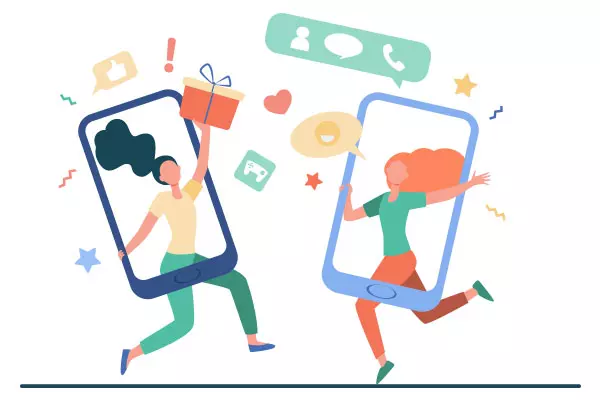 Two people running while holding up phones, symbolizing affiliate marketing service by Mumbai Web Design
