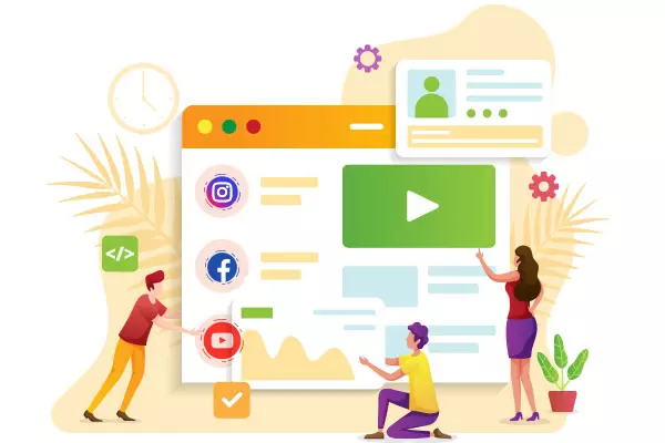 Digital marketing experts from Mumbai building a website, adding social media icons, representing social media marketing services